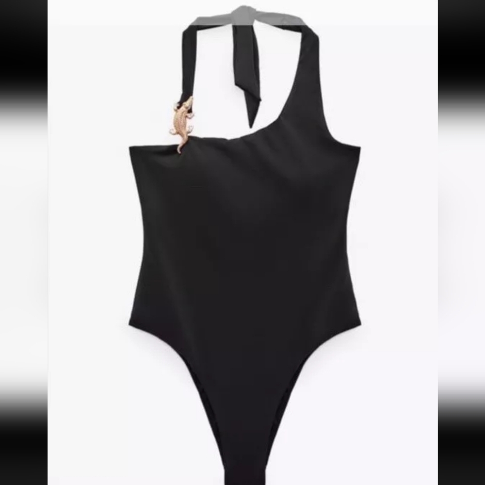 NWT Zara Black One Piece Swuimsuit With Crocodile Decor S